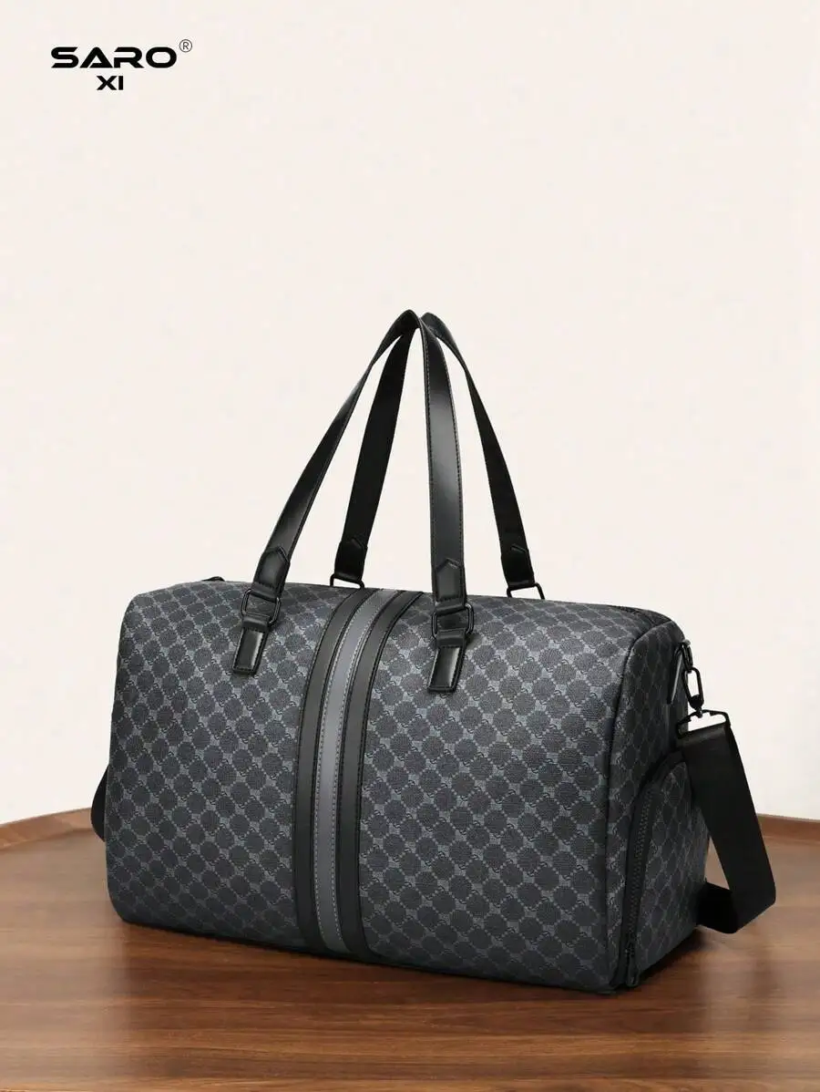 Men's Large Capacity Weekend Travel Bag, PU Leather Shoulder Messenger & Gym Bag with Shoe Compartment, Black Gift for Commute