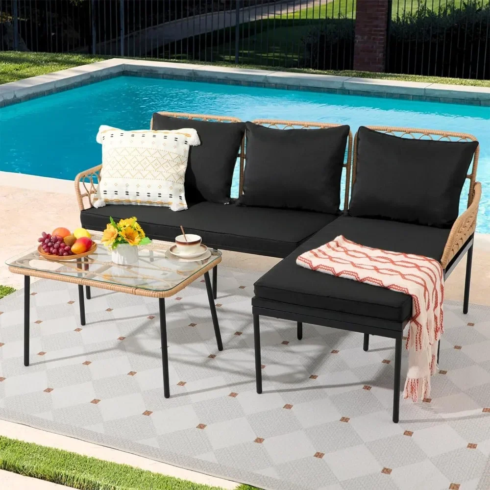 

3 PCS Wicker Patio Furniture Set, Outdoor L-Shaped Conversation Sofa Set, Boho Detachable Lounger w/ Patio Table - Black Cushion