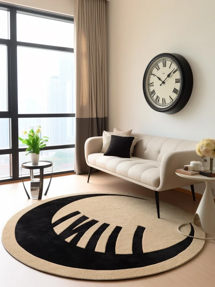 Living Room Carpet Round Simple Light Luxury Bedroom Carpets Black Ring Geometric Rug Stain-Resistant Swivel Chair Rugs Alfombra