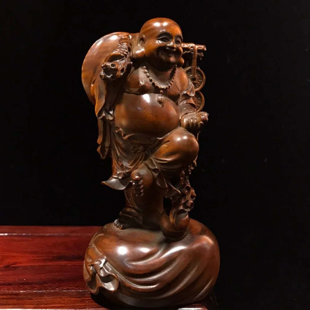 Hand Carved Boxwood Laughing Buddha Statue Chinese Feng Shui Wealth Good Fortune Lucky Desktop Figurine Collectible