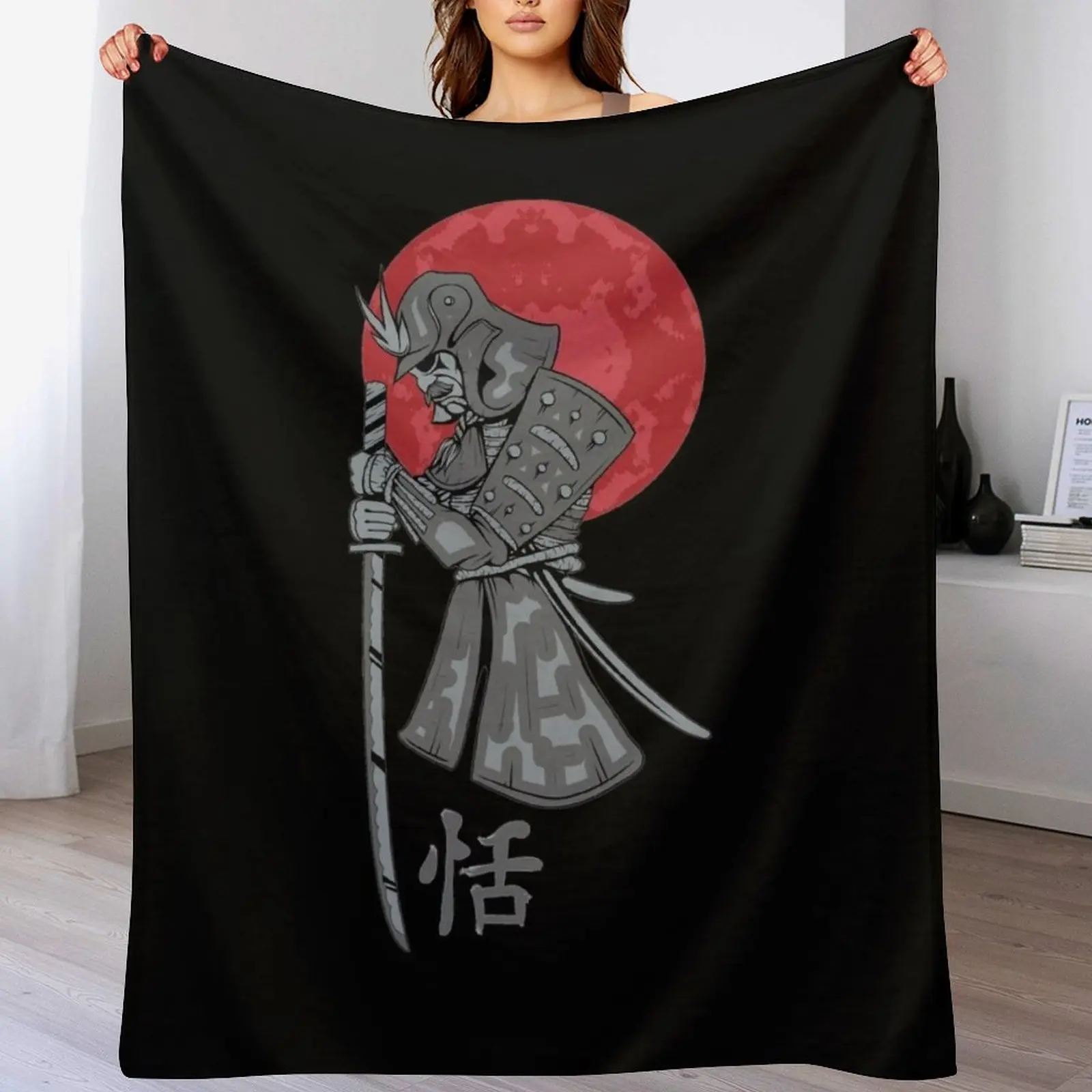 Samurai Sword Red Moon Kanji Print Throw Blanket Sofa manga Luxury Designer Blankets