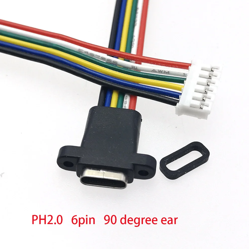 Conector tipo USB-C tipo C, cable de soldadura de 6 pines, hembra, resistente al agua, anillo de goma, puerto de carga rápida de alta corriente
