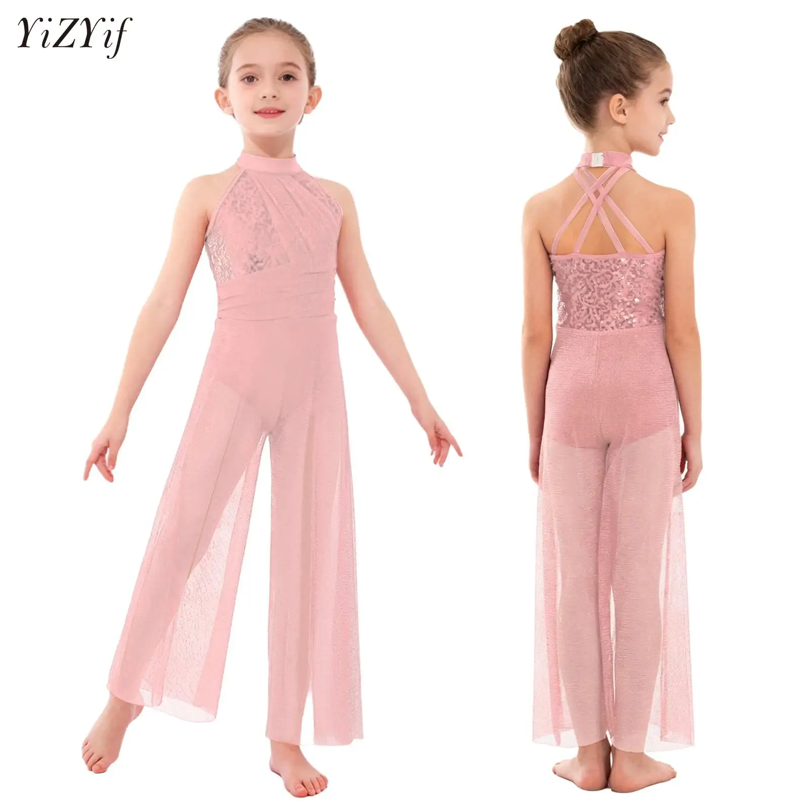 

Modern Lyrical Dance Costume Kids Girls Ballet Dance Rhythmic Gymnastics Leotard Shiny Sequins Contemporary Performance Jumpsuit
