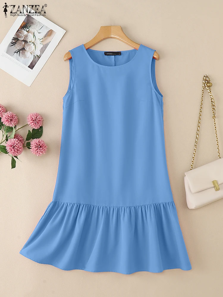 

ZANZEA Women Summer Ruffled Hem Dresses Vacation Fashion O-Neck Sleeveless Tank Vestidos Casual Solid Color Knee-Length Sundress