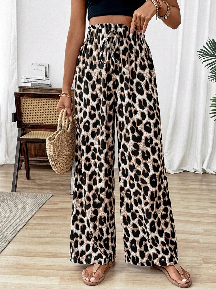2025 New Leopard Print Pants Women Y2k Fashion Straight Leg Trousers Wide Flowy Long Bottoms Casual Streetwear Oversized Clothes