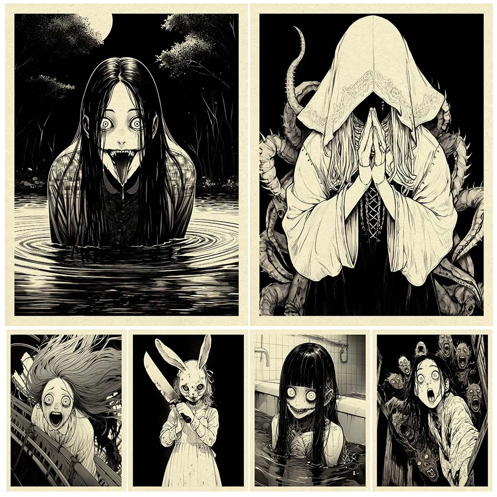 Demon Girl Asian Horror Manga Vintage Wall Art Canvas Painting Creepy Spider Devil Girl Abstract Art Poster And Print Home Decor