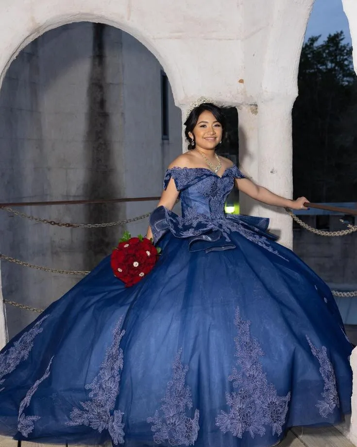 Azul Royal Princesa Quinceanera vestido de ombro, Espartilho com saia inchado, Vestidos de apliques, 15 anos, 2024 l