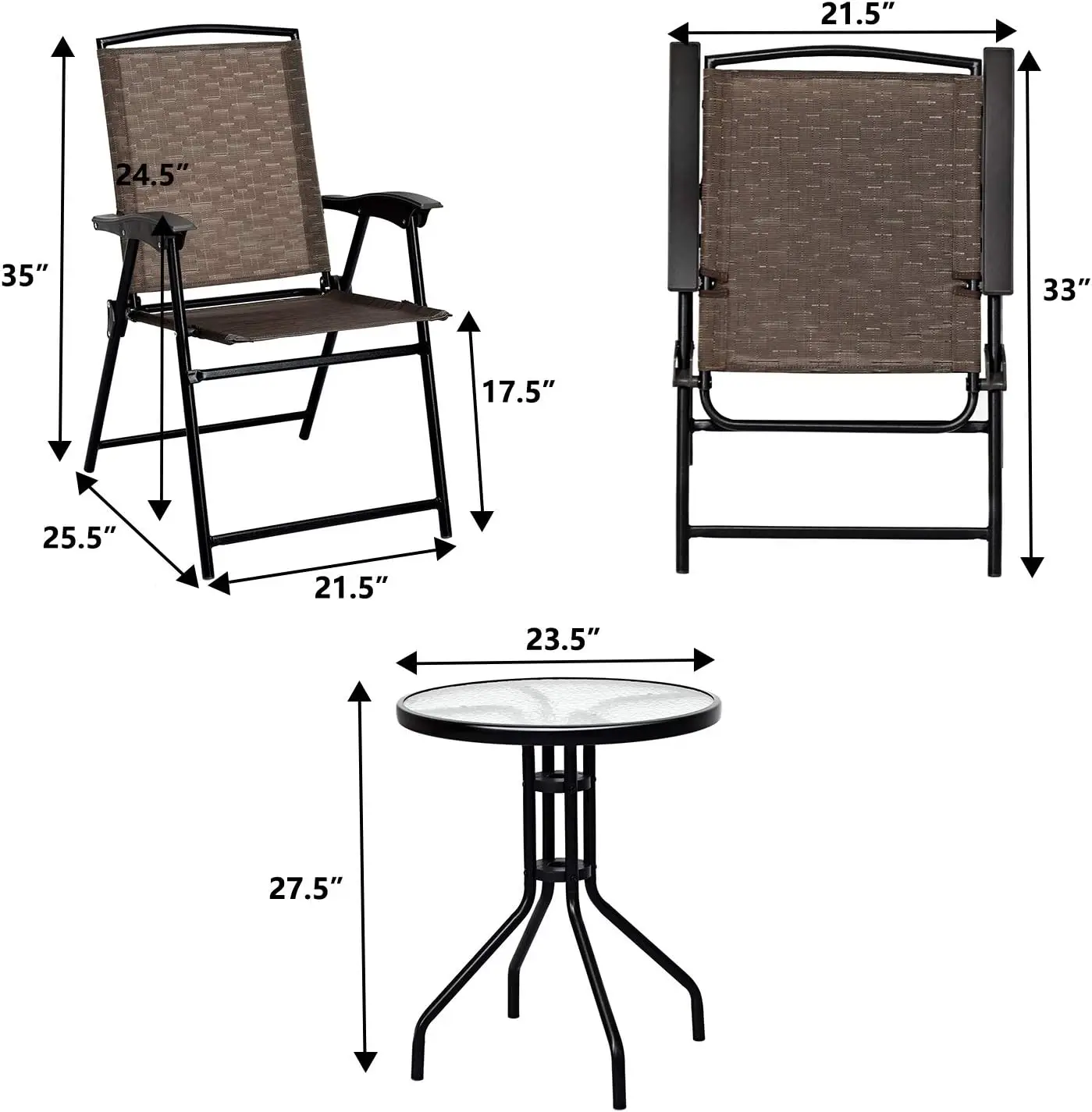 3 Pieces Patio Bistro Set, Outdoor Folding Chairs & Table Set with Tempered Glass Tabletop, Round Table & 2 Foldable Chairs, Sma