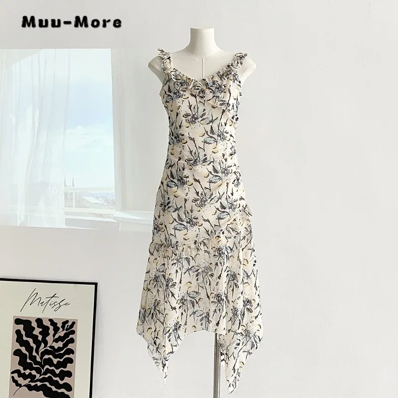 

Women's Vintage V-Neck Sexy Asymmetrical Printting Suspender Dresses 2024 Summer Casual High Waist Office Lady Style Dress