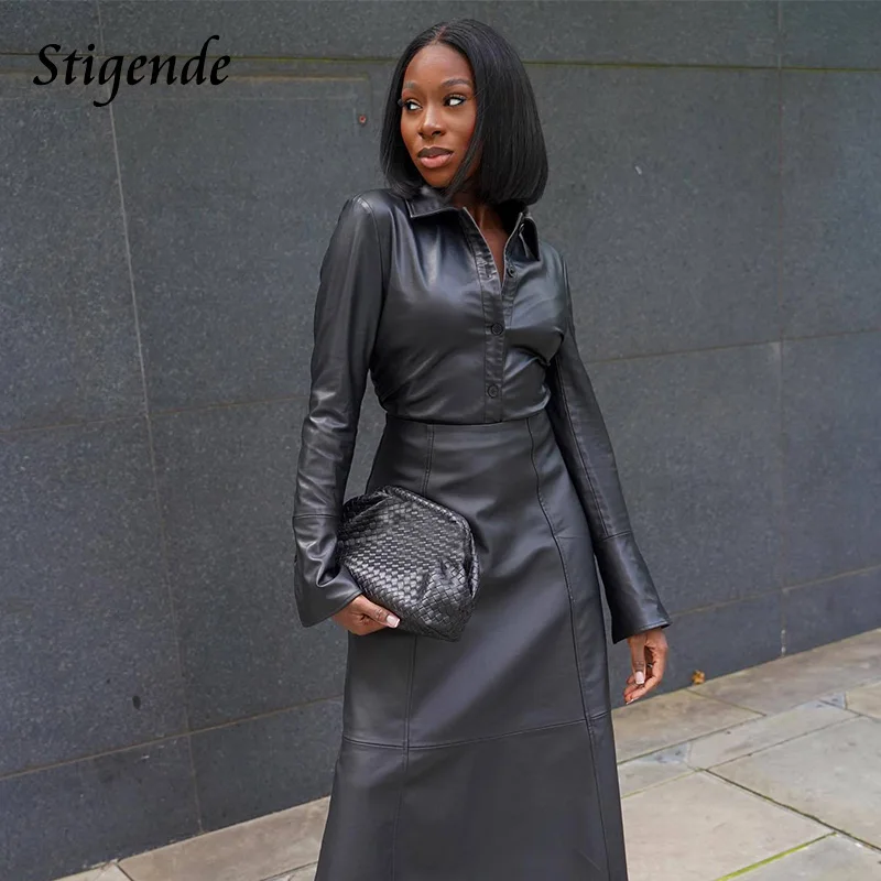 Stigende Black Faux Leather Two Piece Set Women Button Pu Shirt and Skirt Casual Patchwork Bodycon Outfits