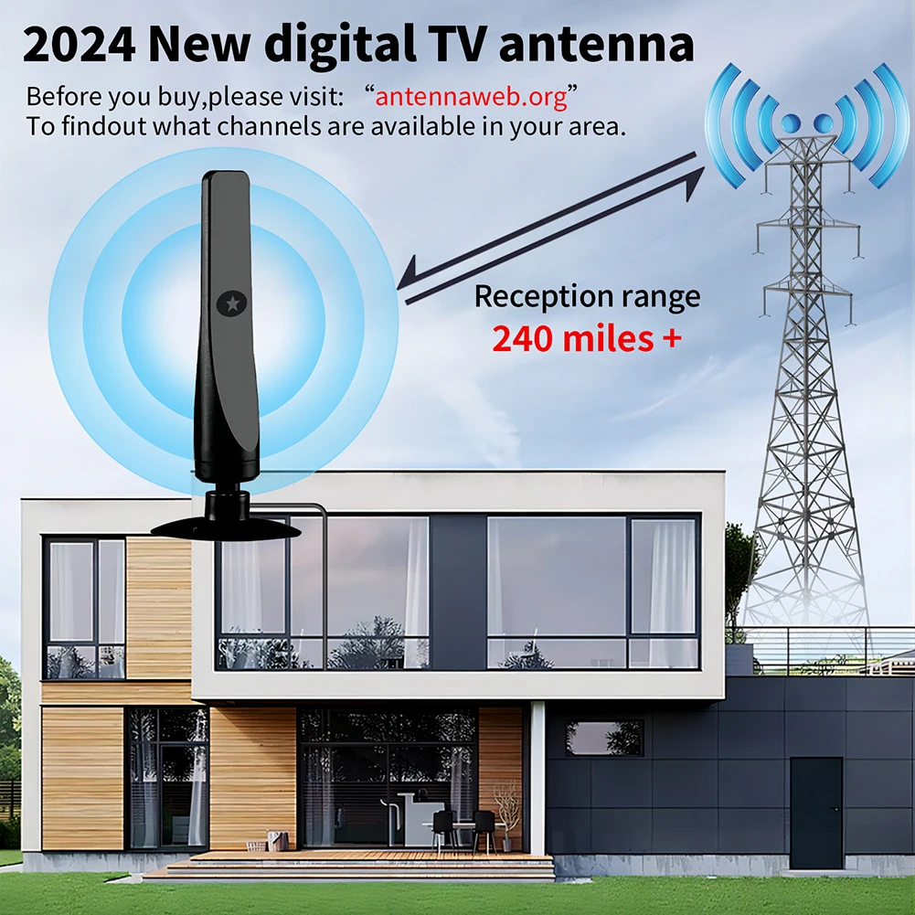 Digital TV Antenna with Signal Booster Suction Cup TV Antenna 50 Mile Range 25DBI Plug Play 1080P Antenna Outdoor Indoor Antenna