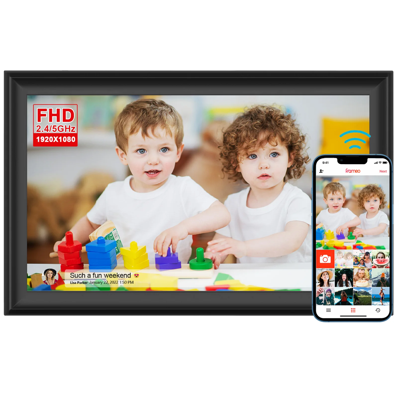 

Frameo NO1 Factory 16 лет OEM Поставщик Большой запас День матери/Рождество 15,6 дюйма 64 ГБ Wi-Fi Цифровые фоторамки