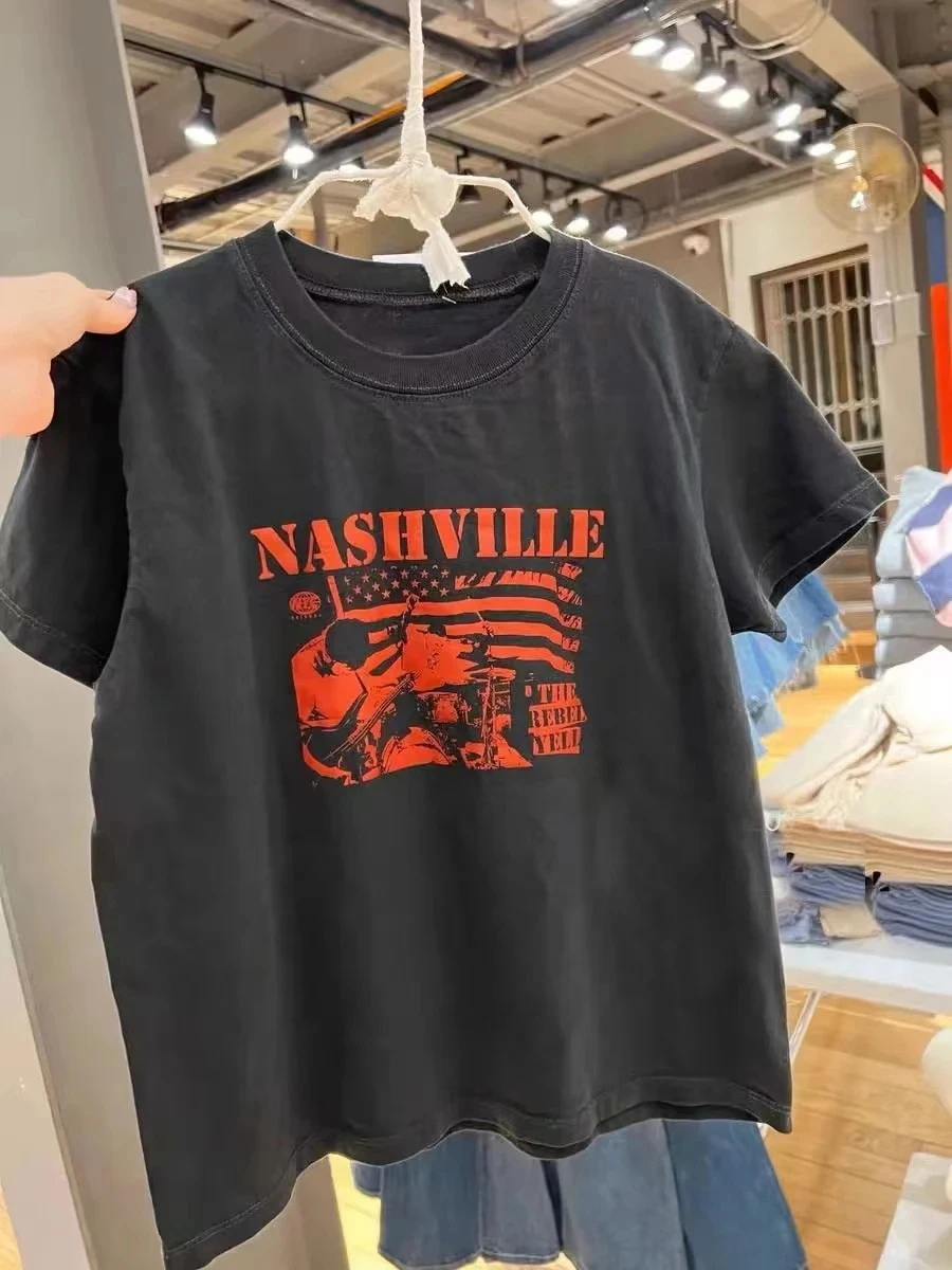 原宿レターグラフィックプリントコットン Tシャツ女性の夏の O ネック黒カジュアルシンプルな半袖 Tシャツストリートヴィンテージ Y2K トップス