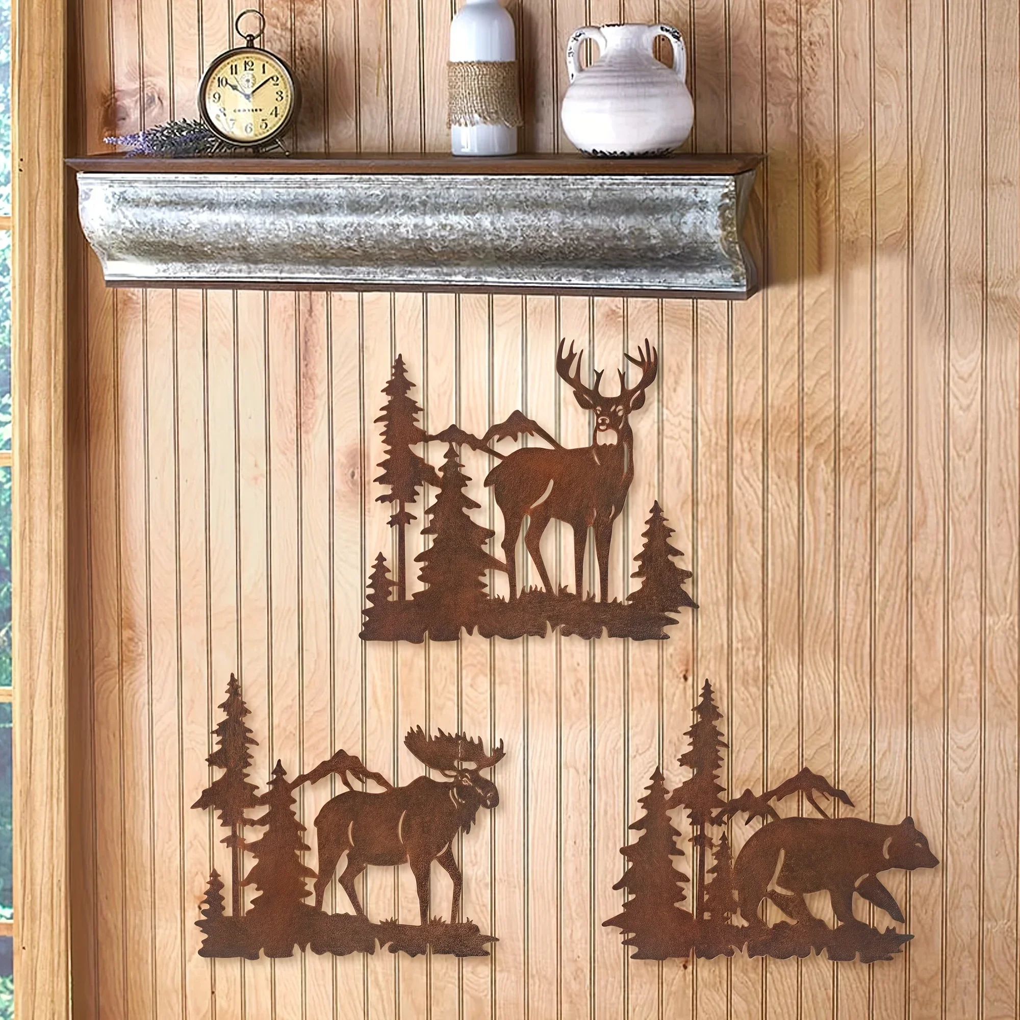 Set of 3 Iron Metal Wall Hanging Art Decor Deer Bear Moose in The Forest Pine Tree Rustic Concise Decoration Home Decor