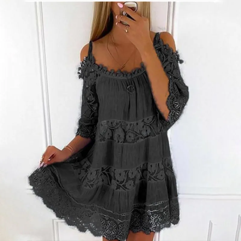 

Casual Loose Dress Solid Color Simple Summer Elegant Fashion Stitching Hollow Shoulder Straps Flying Sleeves Mid-length Dresses
