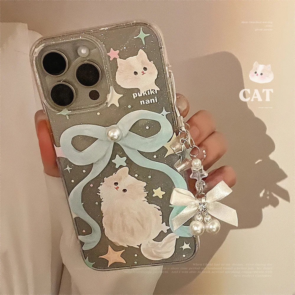 Koreanische 3D-Perlen-Cartoon-Katzen-Glitzer-Handyhülle für iPhone 17 Air 16 15 14 Plus 13 12 11 Pro Max mit Kette, stoßfeste weiche Hülle