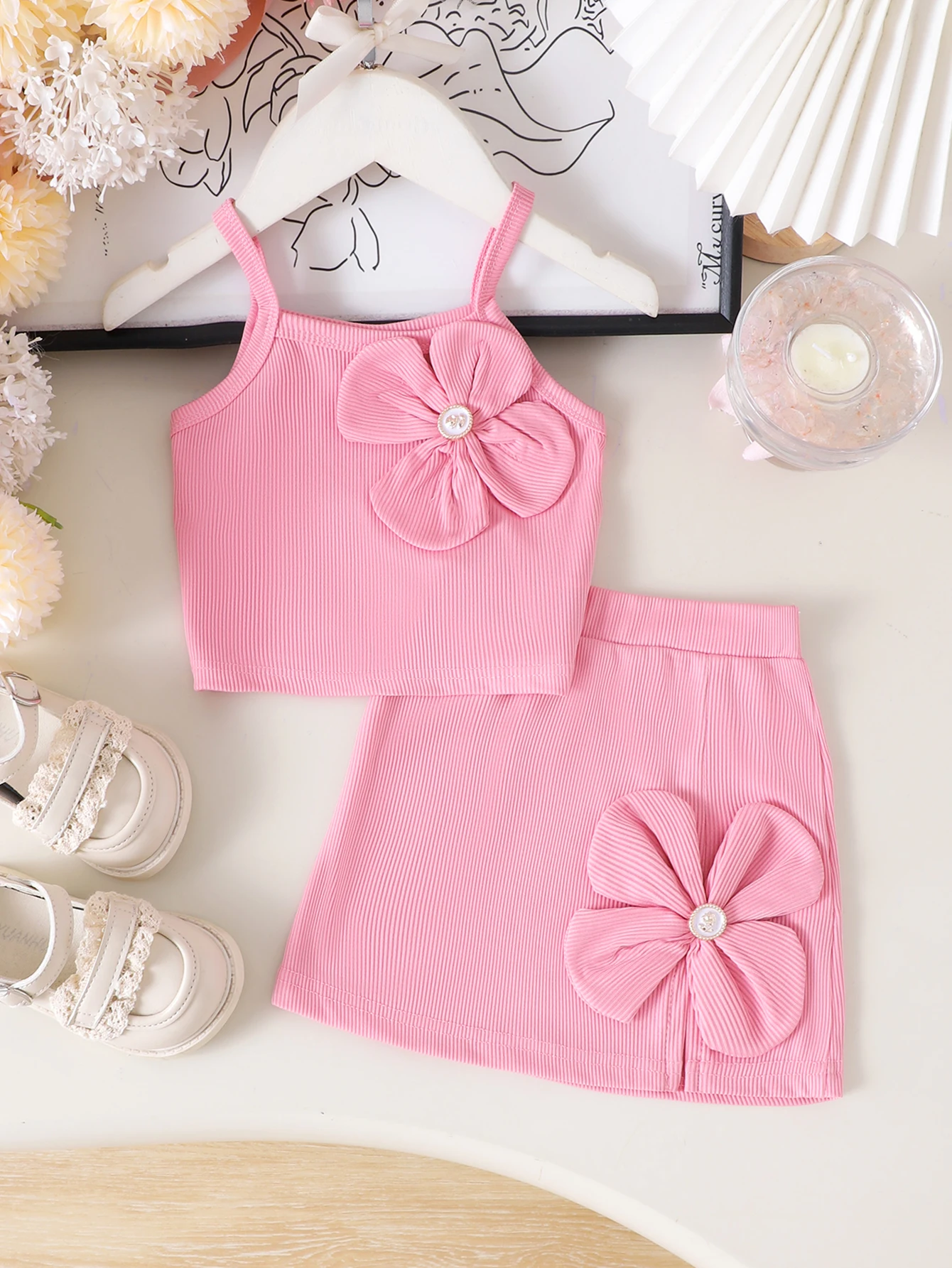 

2pcs Summer cross-border new girl sweet and cute 1-3 years old pink suspender top + skirt