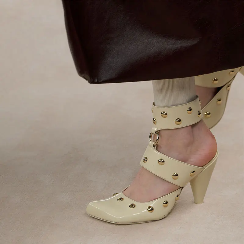 Square Toe Studded Sandals Ankle Straps Round Rivets Spike Heels Hollow Fashion Women Sexy Lady Summer Unique Dress Casual Shoes