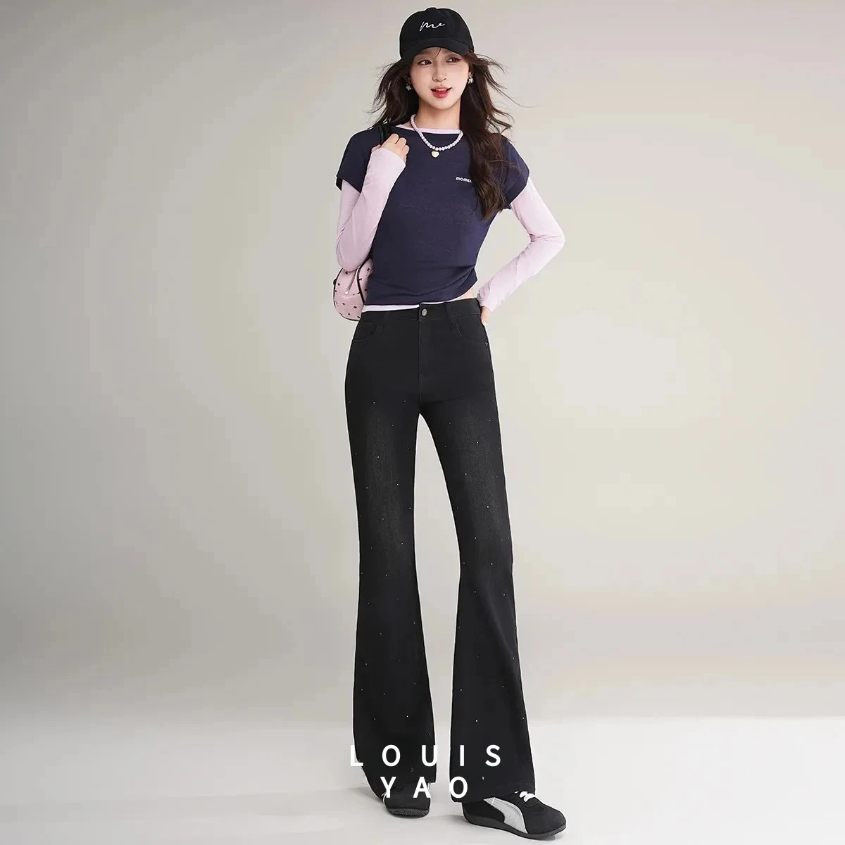 

Джинсы LOUISYAO с высокой талией, расклешенные, облегающие, осень 2025, женские, с блестящим декором, слегка эластичные, повседневные, из денима