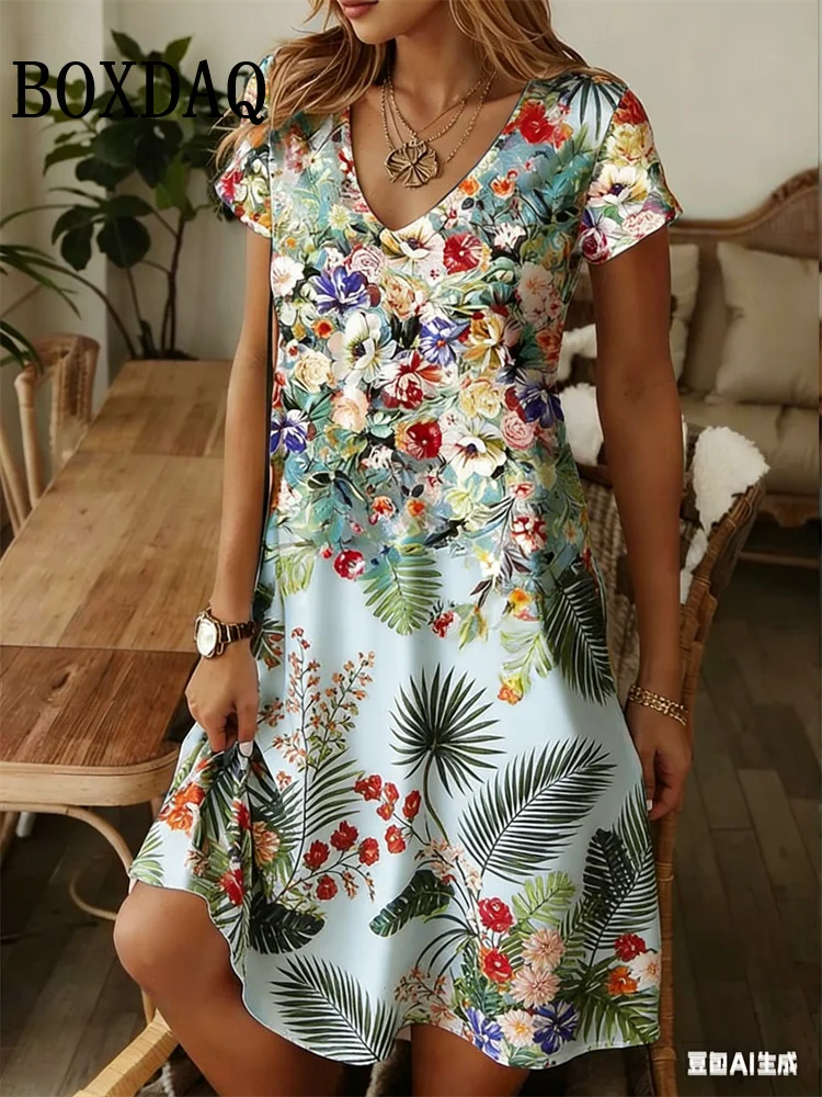 

Женское летнее повседневное свободное платье с коротким рукавом и V-образным вырезом, с 3D-принтом в стиле ретро, элегантное, до колена, больших размеров, для женщин