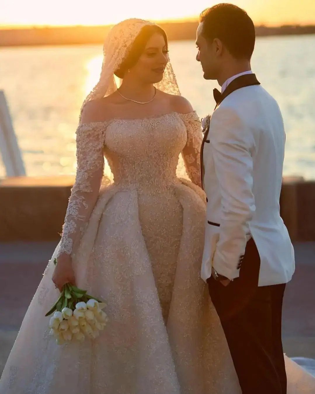 New Mermaid Wedding Dress Shine Beads Boat Neck Appliques Bridal Gowns Organza Detachable Train Robe De Vestido Customized
