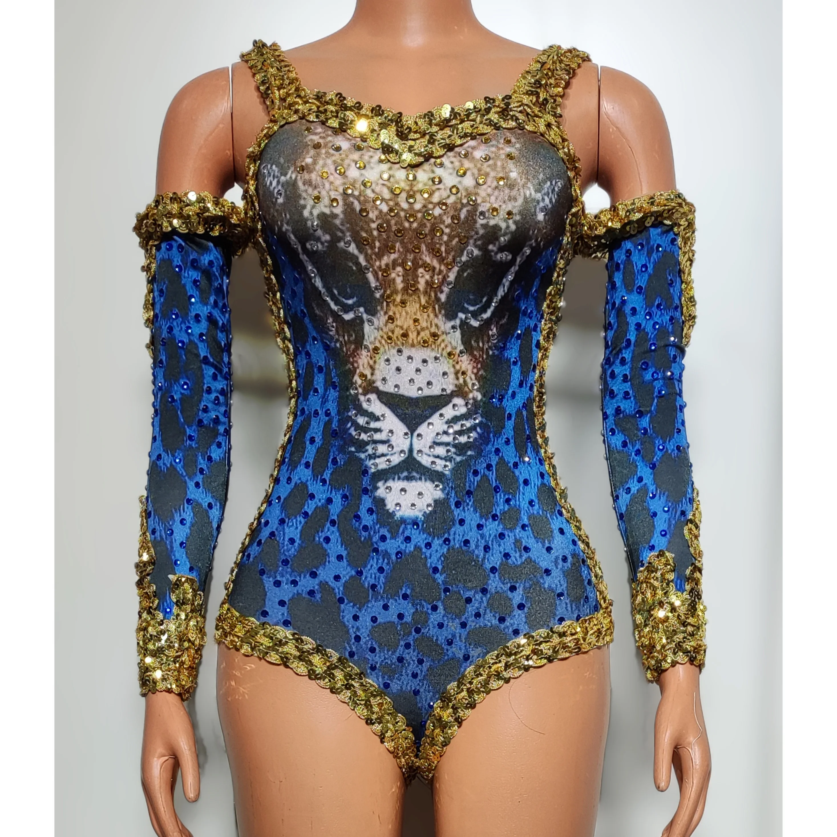 New Performance Costume Blue Leopard DJ Bar Female Singer Printed Sequins DS Dance Team Party Model Walk Dance Team Performance