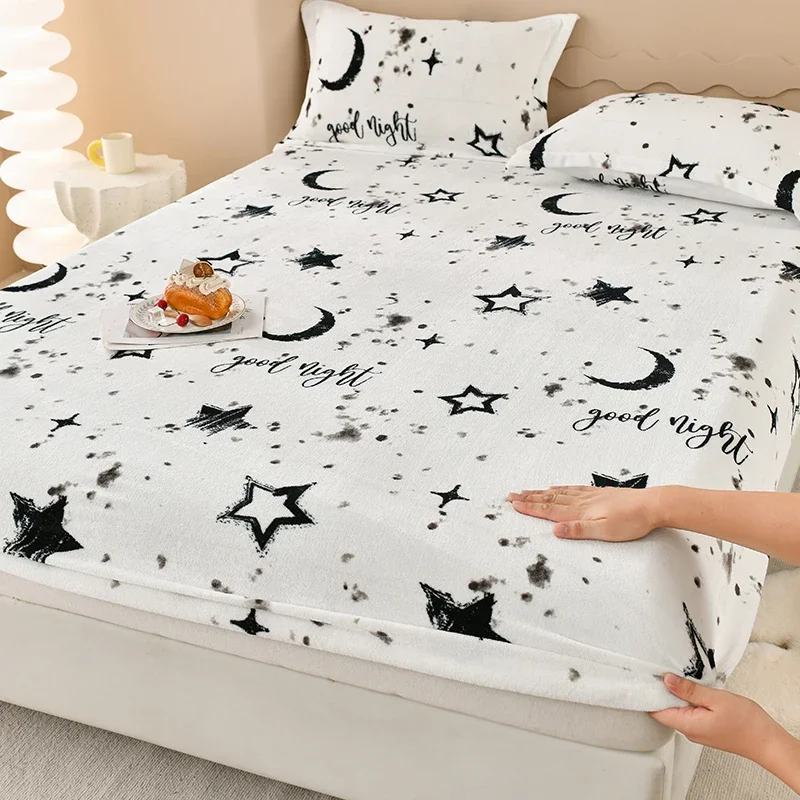 Winter Warm Fitted Sheet Stars Pinted Flannel Fleece Bed Sheet for Double Bed Queen/King Size All-inclusive Mattress Cover180