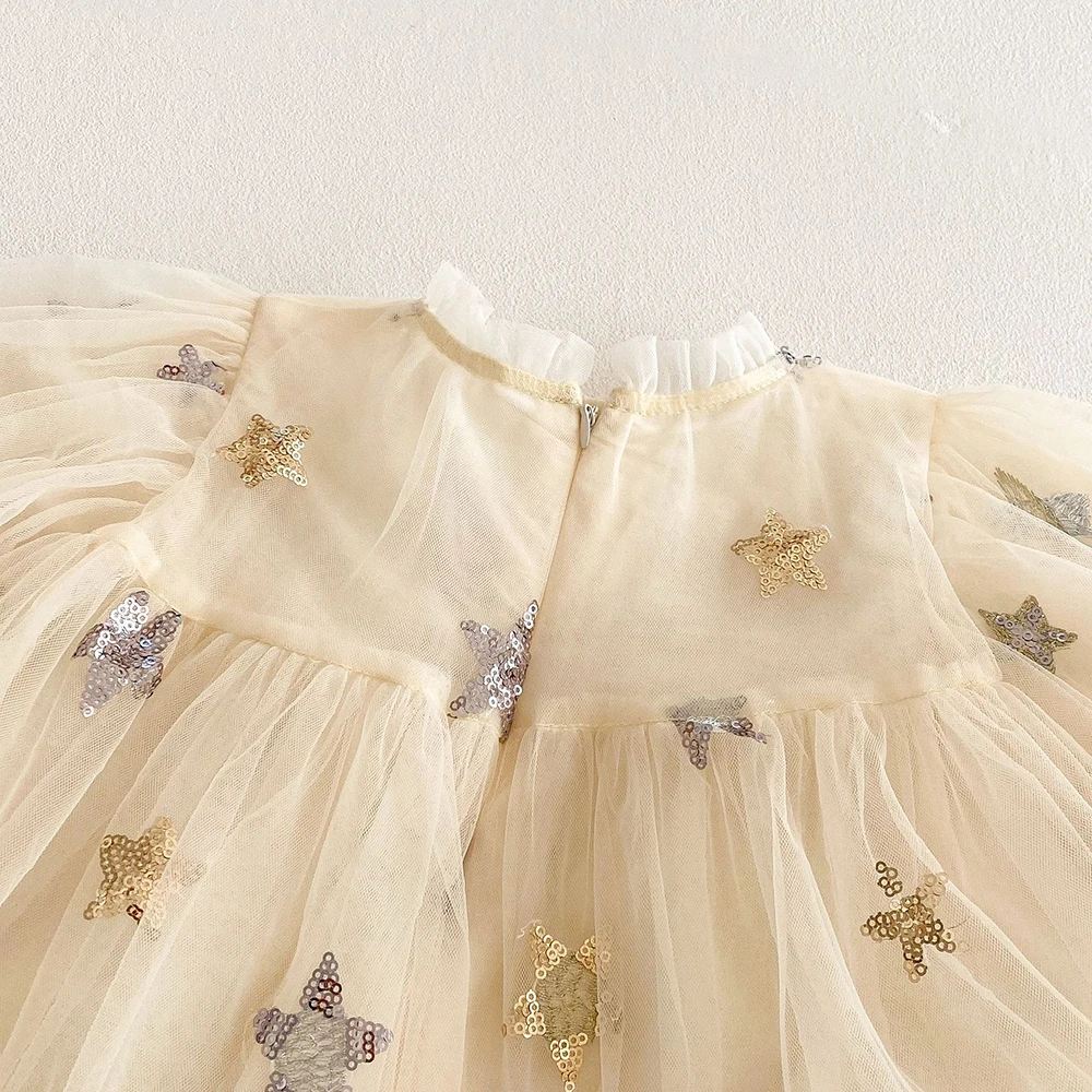 0-5 Jahre Koreanisches Mädchenkleid, Modisches Pailletten-Sternen-Mesh-Kleid mit Laternenärmeln für Kinder, Prinzessinnenkleid 2026, Herbst-Kinderkleidung – Detail 15