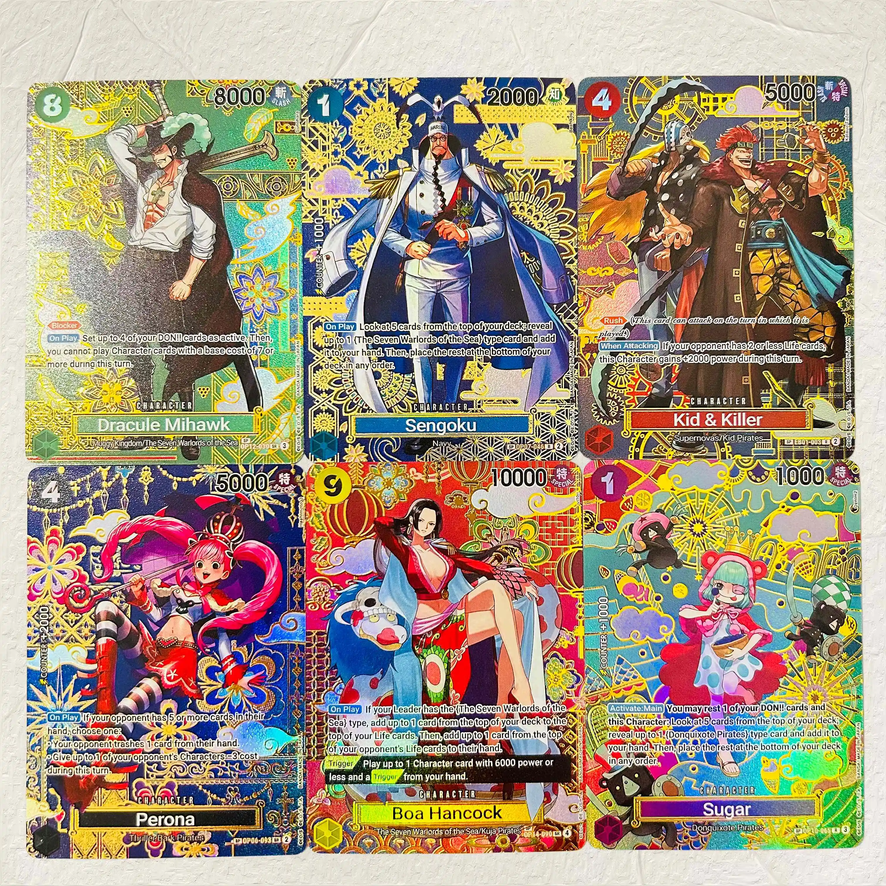 One Piece Mihawk Sengoku Kid Killer Perona Hancock Sugar 6Pcs DIY Gold Foil Texture Cards EN Premium Anime TCG Collection Cards