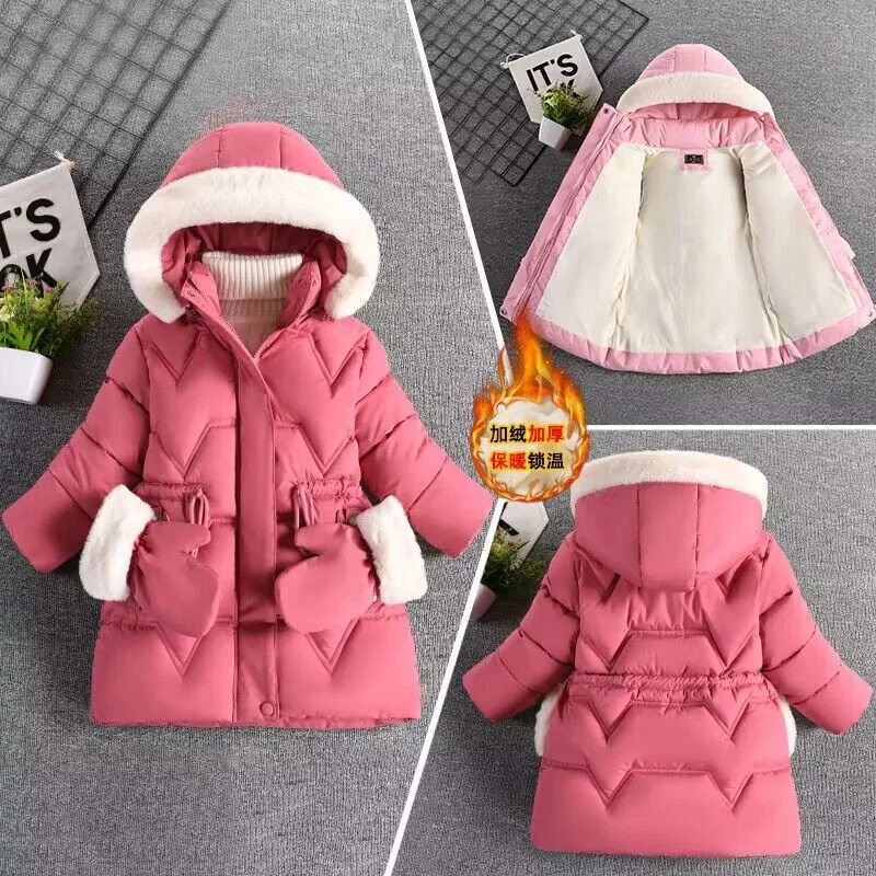 New Winter Girls Jacket Send Gloves Warm Fur Collar Princess Coat Hooded Zipper Outerwear Kids Cotton-Padded Parka Snowsuit 2-8Y