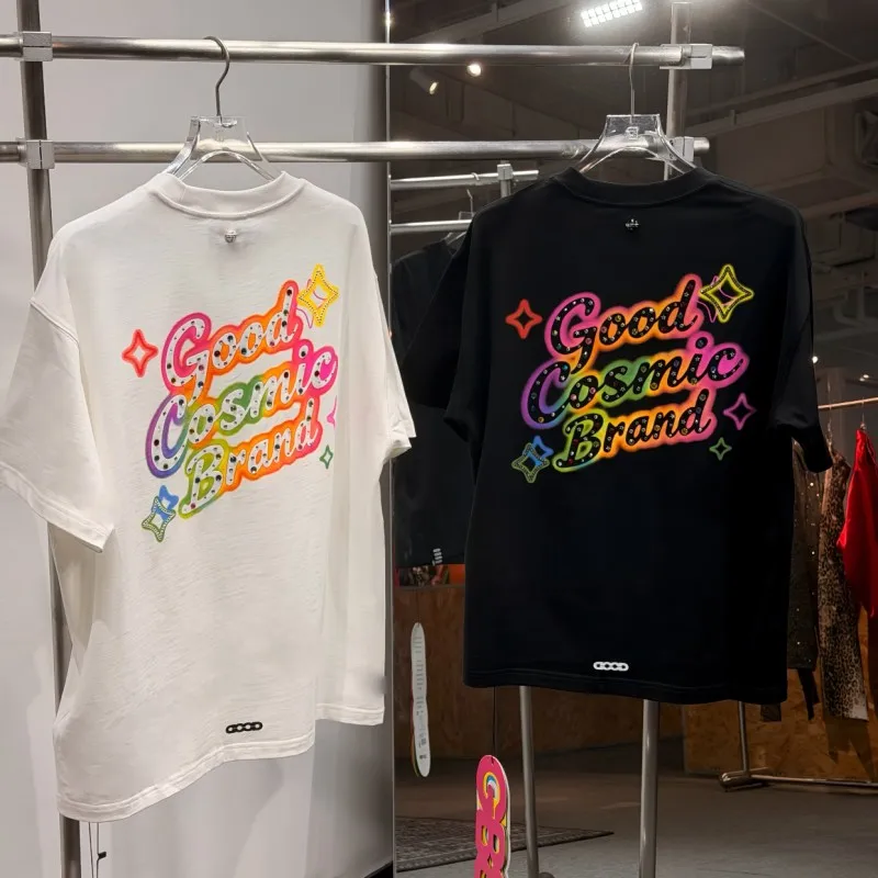 Black White 2XL GOODBRAND Tshirts Real Photo Summer Streetwear Men Women Colorful Slogan Hotfix Rhinestone Short Sleeve Tops