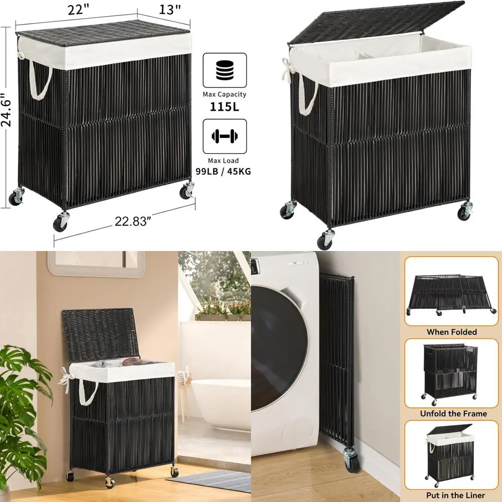 

Rolling Handwoven Laundry Basket with Lid, 115L Capacity, Removable Liner, Black