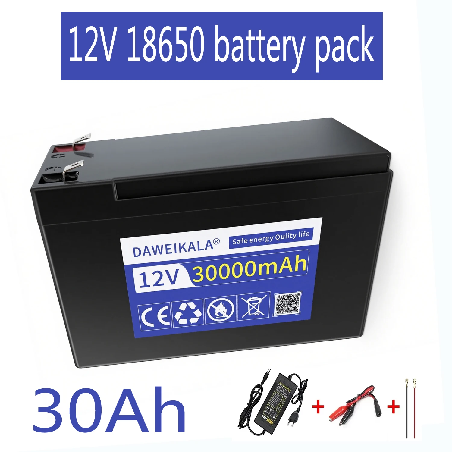 Batterie au lithium 12V 30Ah 18650, chargeur 12,6 V 3A, pour piles de stockage d'énergie, éclairage, véhicules électriques, extérieur