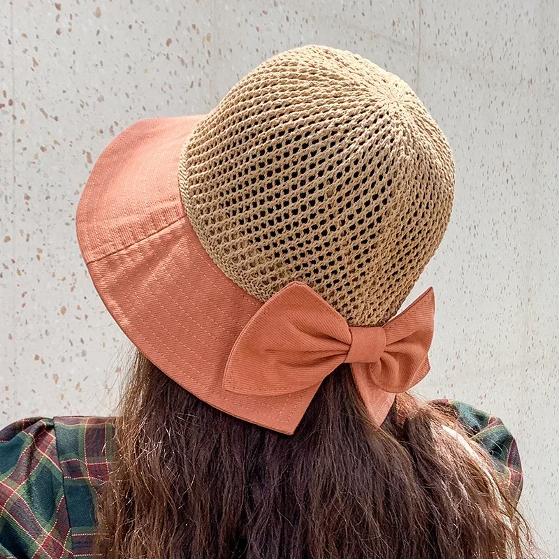 Sun Hats for Women Summer Beach Sunshine Panama Female Travel Woven Straw Hat Lady Fashion Bucket Hat Bow Tie Anti-Sun Outdoor image 2