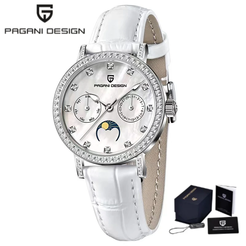 PAGANI DESIGN Small Second Ladies Quartz Watch Waterproof Sapphire Crystal Moon Phase Calendar Women Wristclock
