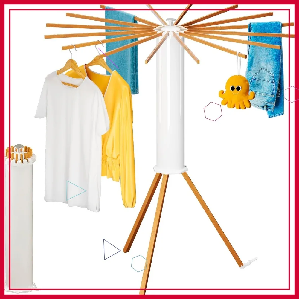 Space Saving Octopus Clothes Drying Rack - 16 Expandable Rods, Collapsible Solid Wood Standing Dryer for Laundry Room & Indoor