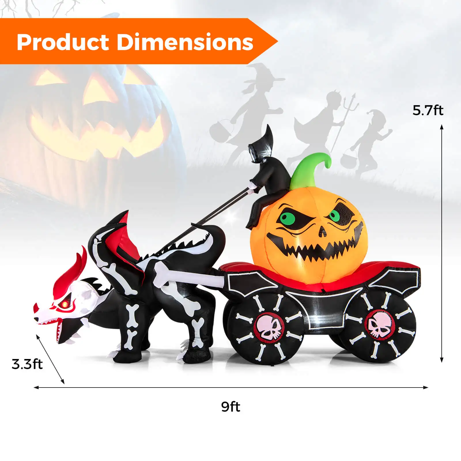 9 FT Long Halloween Inflatable Decoration Grim Reaper Driving Pumpkin Carriage