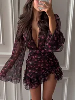 Flora Painted Ruffle Mini Dress Women Elegant Full Sleeve Deep V-neck Slim A-line Dresses 2026 Lady Holiday Street Outwears New
