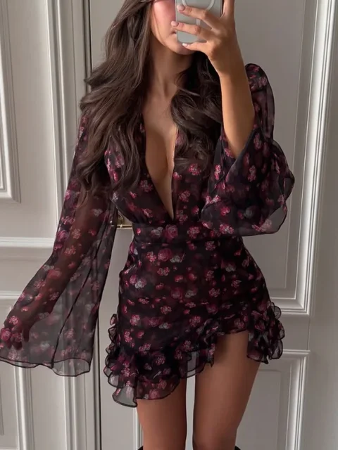 Flora Painted Ruffle Mini Dress Women Elegant Full Sleeve Deep V-neck Slim A-line Dresses 2026 Lady Holiday Street Outwears New