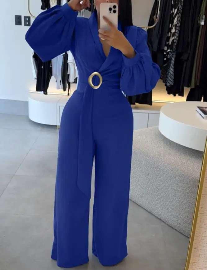 여성 롬퍼 메탈 링 장식 오버랩 V넥 랜턴 소매 지퍼 백 롱 점프수트 캐주얼 허리 조절 와이드 레그 점프수트