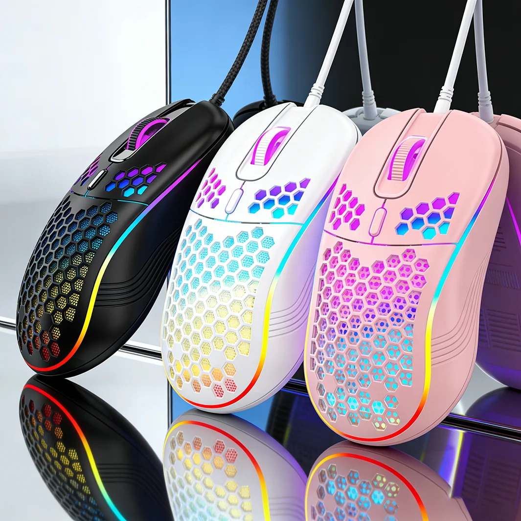 Wired RGB Gaming Mouse with Honeycomb Design for PC Office Esports Luminous USB Mouse Lightweight Ergonomic