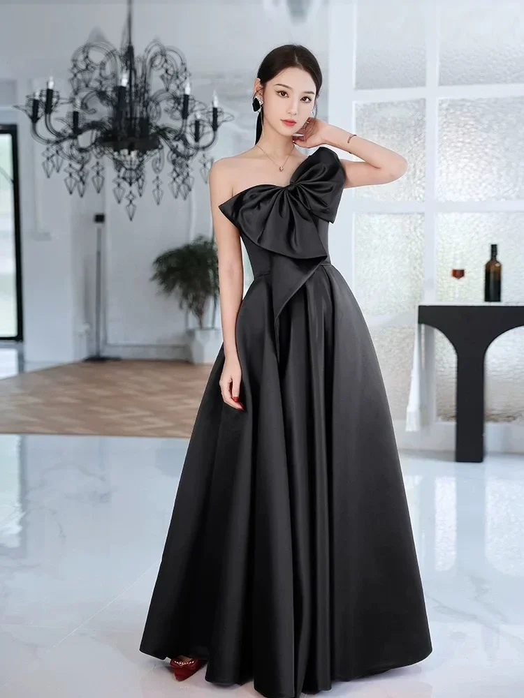 Black No. 65 evening dress new 2024 hot summer satin dress female texture high-end company annual meeting dress skirt