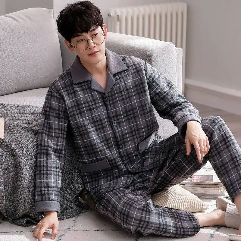 

Men's Air-Cotton Pajama Set, Heavyweight 100% Cotton Layer for Winter Warmth, Plus Size Home & Outdoor Loungewear