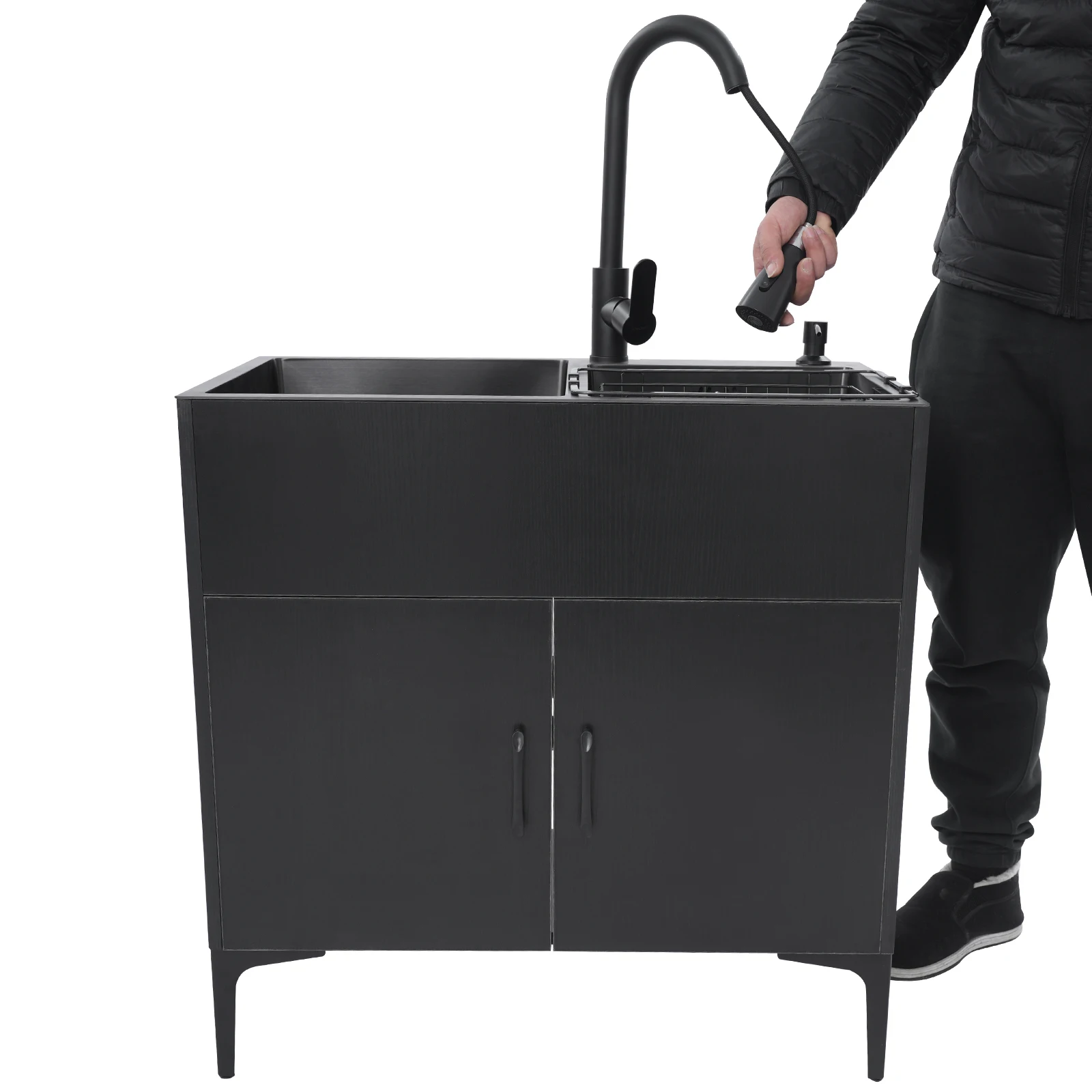 خزانة بالوعة، مجموعة كاملة من المطابخ المصنوعة من الفولاذ المقاوم للصدأ بالوعة سوداء، حوض أخدود مزدوج، صنبور قابل للسحب، سلة تصريف، أنابيب تصريف