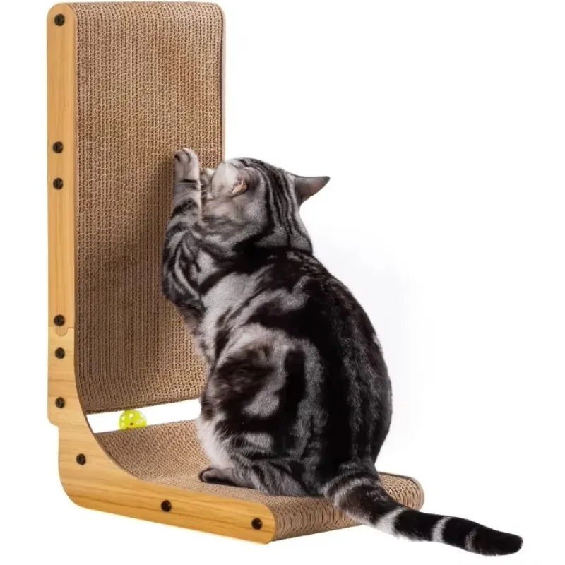 

26.8 Inch Cute Wood Style L-Shaped Cat Scratcher Indoor Cat Scratch Pad Cardboard Furniture Protector Perfect Christmas Cats