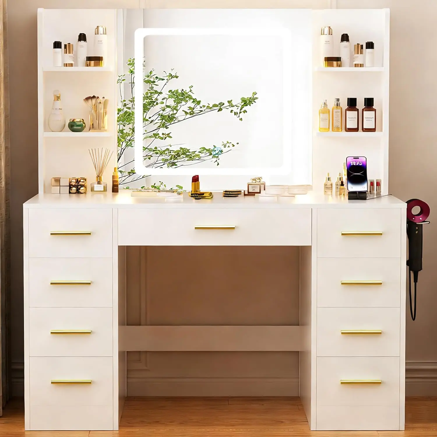 

Туалетный столик с зеркалом и подсветкой, большой 43-дюймовый туалетный столик с RGB-подсветкой белого цвета, 9 ящиков и розеткой, 6 открытых полок