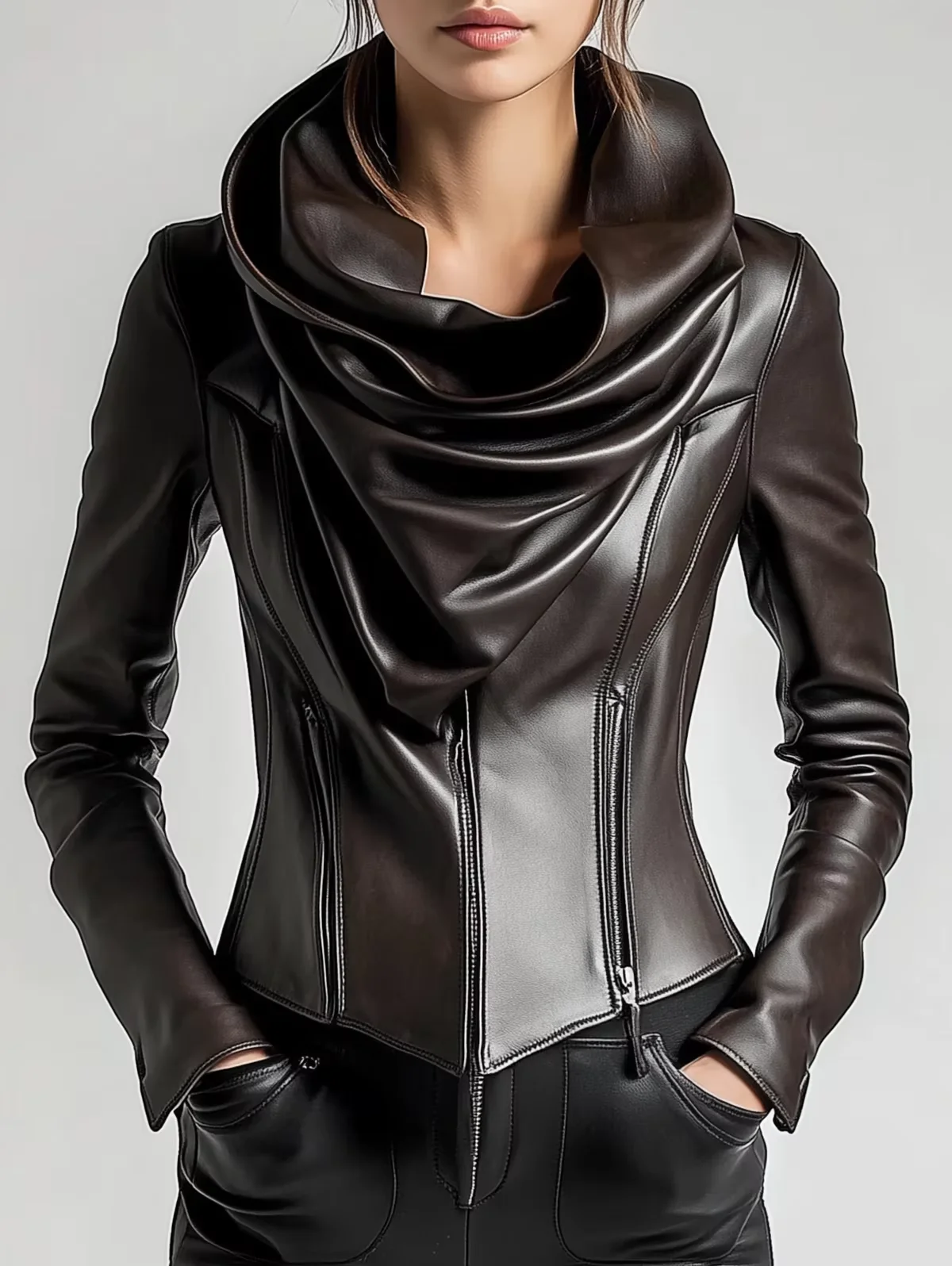 

Women Cowl Neck PU Leather Long Sleeve Blouse Cinched Zipper Hem Solid Leather T Shirt High Street Spring Streetwear 2025