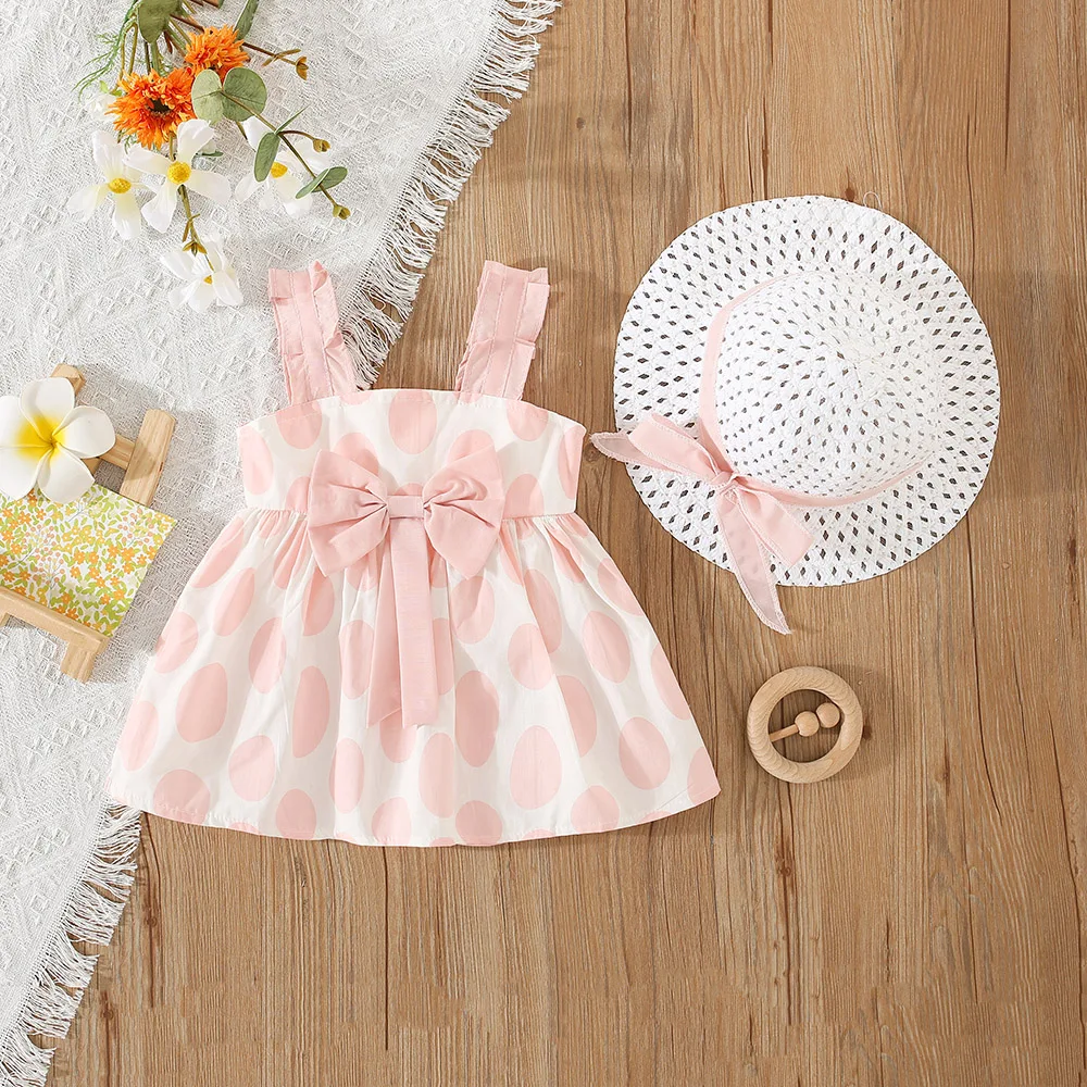 2Pcs/SetGirl\'s skirt new children\'s clothing girl\'s summer suspender dress baby bow big dot princess skirt