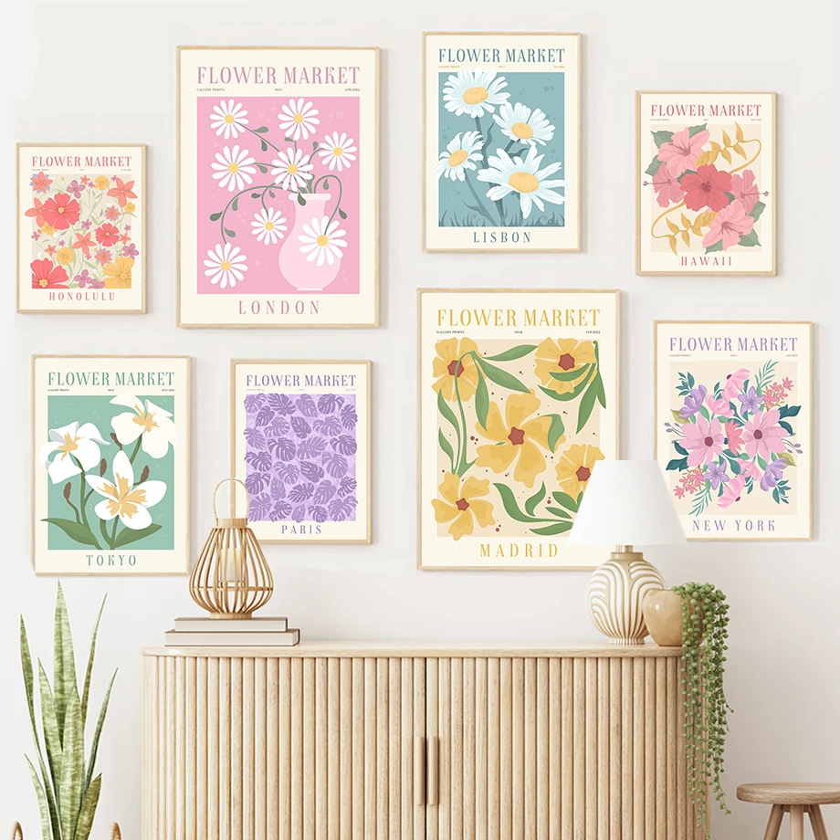 Pósteres artísticos de pared con frase de Margarita y lirio, mercado de flores coloridas, impresiones, pintura en lienzo nórdico, imágenes abstractas para decoración para sala de estar