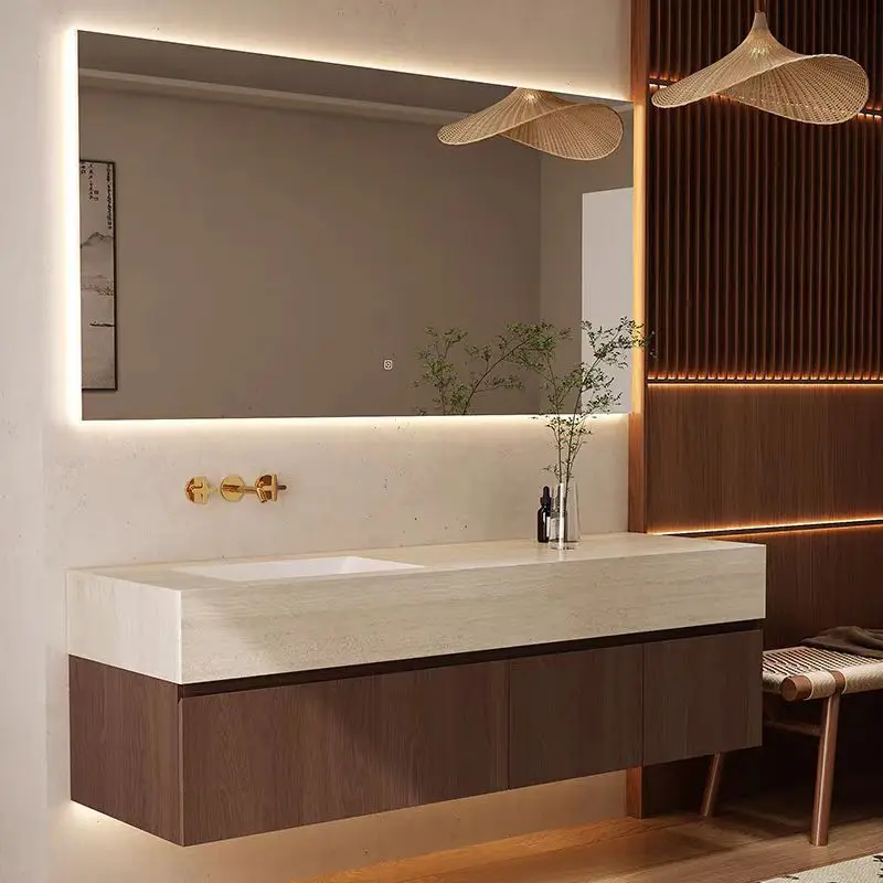 

Advanced sense travertine rock slab ceramic integrated basin bathroom cabinet combination medium and ancient